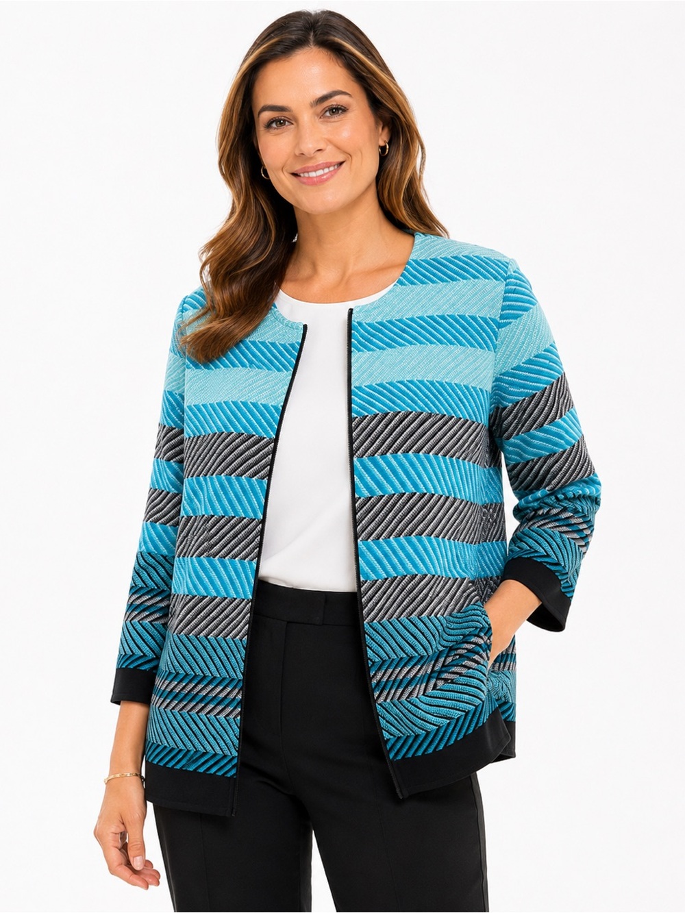 Misook Knit Blazer Jacket L Blue Chevron Stripe Hook Front Career Office